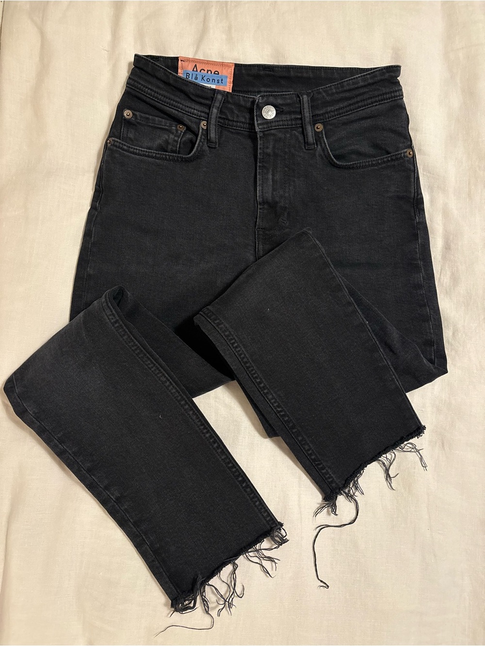 Acne Black Raw-Hem Slim Straight Jeans Cropped Size 24